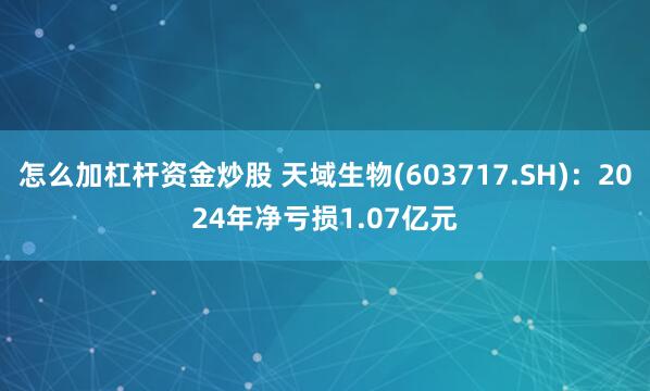 怎么加杠杆资金炒股 天域生物(603717.SH)：2024年净亏损1.07亿元